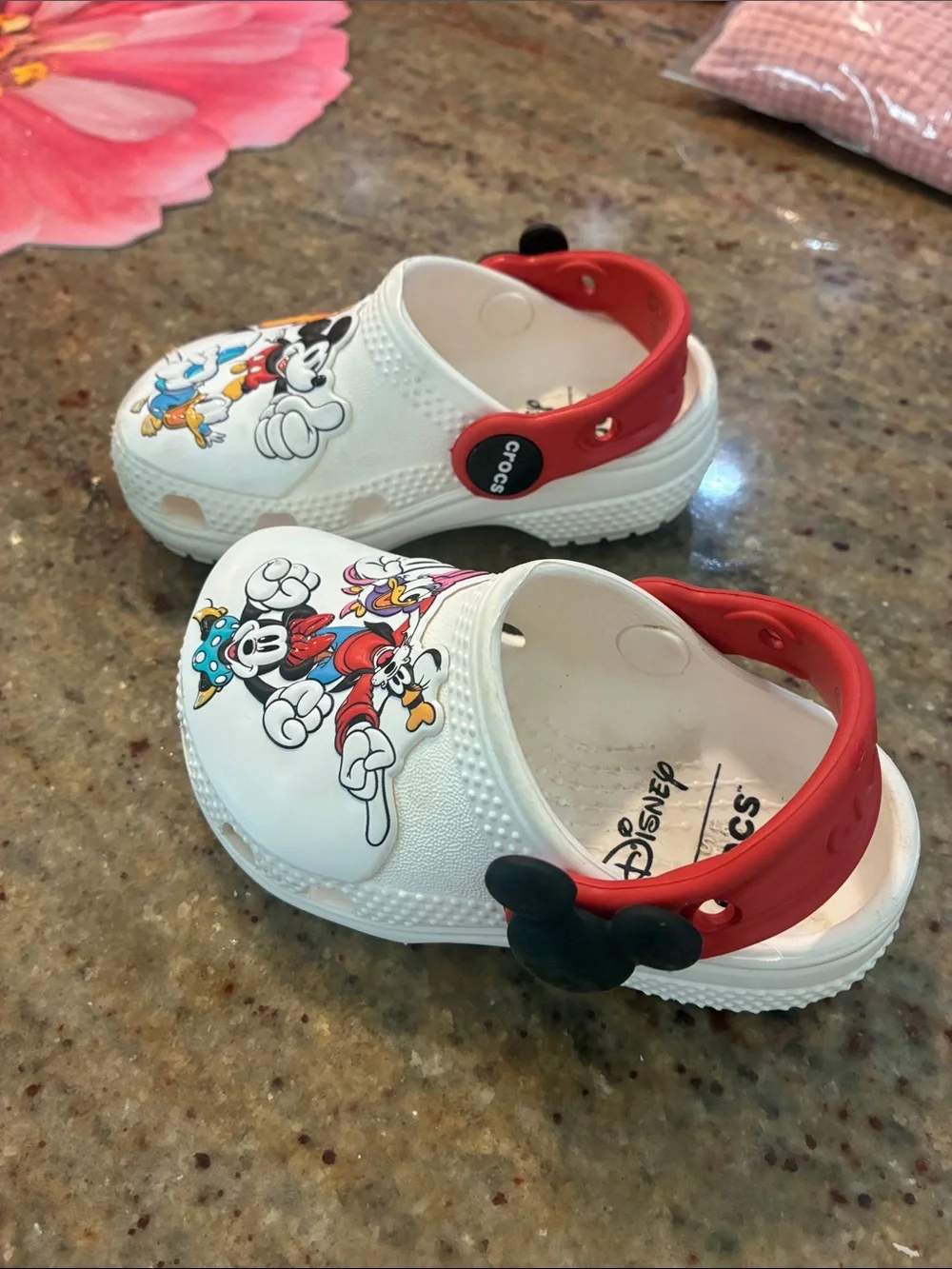 Disney White Clogs with Multicolor Mickey & Friends Graphics & Red Straps Size 5